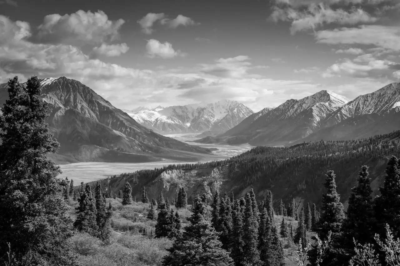 Mountain peaks in a monochrome landscape